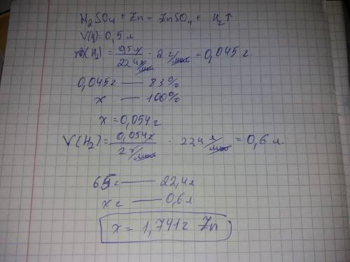 Сколько грамм цинка надо растворить в избытке серной кислоты чтобы получить полтора литра водорода п
