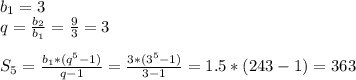 b_1=3 \\ q=\frac{b_2}{b_1}=\frac{9}{3}=3 \\\\ S_5=\frac{b_1*(q^5-1)}{q-1}= \frac{3*(3^5-1)}{3-1}=1.5*(243-1)=363