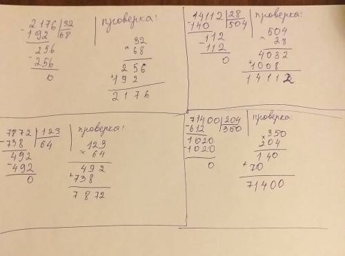 Выполни деления и проверь дайте столбтком решения 2176: 32 14112: 28 7872: 123 71400: 204 123728: 70