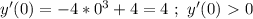 y'(0) = -4*0^3+4 = 4 \ ; \ y'(0) \ \textgreater \ 0