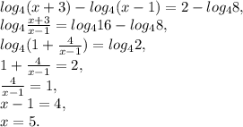 log_4(x+3)-log_4(x-1)=2-log_48, \\ &#10;log_4 \frac{x+3}{x-1} =log_416-log_48, \\ &#10;log_4 (1+\frac{4}{x-1}) =log_42, \\ &#10;1+\frac{4}{x-1}=2, \\ &#10;\frac{4}{x-1}=1, \\ &#10;x-1=4, \\ &#10;x=5.