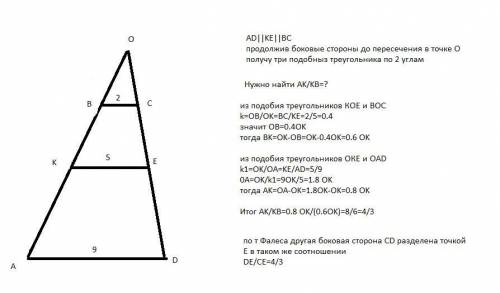 25 ! в трапеции с основаниями 2 и 9 отрезок k e с концами на боковых сторонах параллелен основаниям