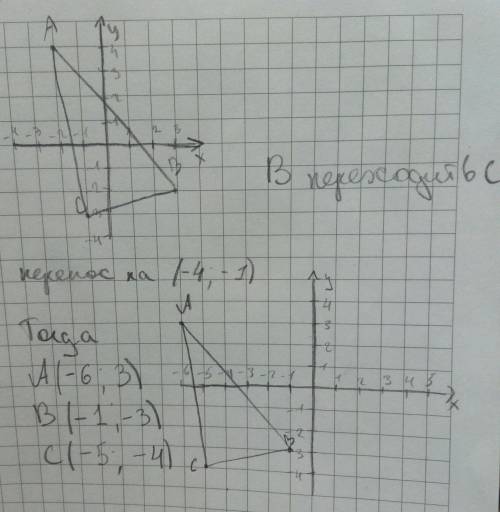 Вершины треугольника abc имеют координаты a(-2; 4), b(3; -2), c(-1; -3). осуществили параллельный пе