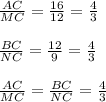 \frac{AC}{MC} = \frac{16}{12} = \frac{4}{3} \\ \\ \frac{BC}{NC} = \frac{12}{9} = \frac{4}{3} \\ \\ \frac{AC}{MC} = \frac{BC}{NC} = \frac{4}{3}