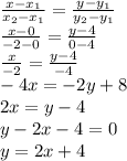 \frac{x - x_{1}}{ x_{2} - x_{1}} = \frac{y - y_{1}}{ y_{2} - y_{1}} \\ \frac{x - 0}{ - 2- 0} = \frac{y - 4}{ 0 - 4} \\\frac{x}{ - 2} = \frac{y - 4}{- 4} \\ - 4x = - 2y + 8 \\ 2x = y - 4 \\ y - 2x - 4 = 0 \\ y = 2x + 4