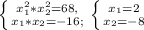 \left \{ {{x_{1}^2*x_{2}^2=68,} \atop {x_{1}*x_{2}=-16};} \right. \left \{ {{ x_{1} =2} \atop {x_{2}=-8}} \right.