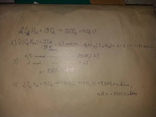 Многоуважаемые знатоки , нужна . за нее 50 . только решите. дано уравнение реакции горения гексана: