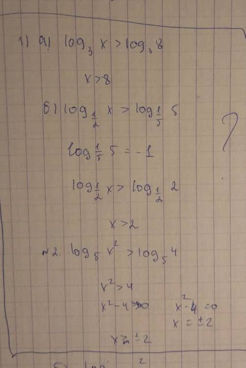 С1.а) log_3 x> log_3 8 б) log_1/2 x> log_1/5 5 2.а)log_5 x^2> log_5 4 б) log_1/2 x^2