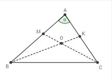 Один из углов треугольника равен α. найдите углы, которые образовались при пересечении биссектрис дв