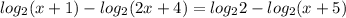 log_{2} (x+1)-log_{2}(2x+4)=log_{2}2-log_{2}(x+5)