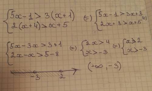 Решить систему неравенств { 5x - 1 > 3 (x+1) { 2 (x+4) > x + 5