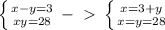 \left \{ {{x-y=3} \atop {xy=28}} \right. -\ \textgreater \ \left \{ {{x=3+y} \atop {x=y=28}} \right.