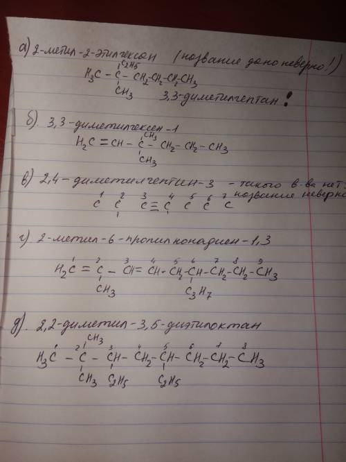 Напишите структурные формулы: а) 2-метил-2-этилгексан б) 3,3-дииметилгексен-1 в) 2,4 диметилгептин-3