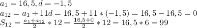 a_{1} =16,5 , d = -1,5\\ a_{12} = a_{1}+11d=16,5+11*(-1,5)= 16,5-16,5=0\\\ S _{12}= \frac{ a_{1} + a_{12} }{2} *12= \frac{16,5+0}{2}*12=16,5*6=99