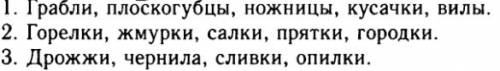 Запишите имена существительные которые имеют форму только множественного числа. 1) орудия труда: гра