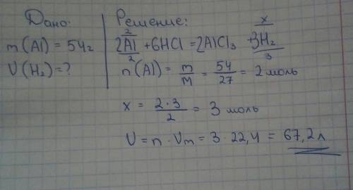 Рассчитайте объем водорода образовавшегося при взаимодействии 54г алюминия с соляной кислотой