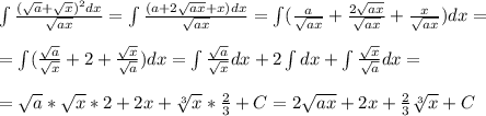 \int \frac{(\sqrt{a} +\sqrt{x} )^2dx }{\sqrt{ax} } =\int \frac{(a +2\sqrt{ax}+ x )dx }{\sqrt{ax} } =\int( \frac{ a}{ \sqrt{ax} } + \frac{2 \sqrt{ax} }{ \sqrt{ax} } + \frac{x}{ \sqrt{ax} } )dx=\\\\=\int( \frac{ \sqrt{a} }{ \sqrt{x} } + 2+ \frac{ \sqrt{x} }{ \sqrt{a} } )dx=\int \frac{ \sqrt{a} }{ \sqrt{x} }dx + 2 \int dx+ \int \frac{ \sqrt{x} }{ \sqrt{a} } dx=\\\\= \sqrt{a} * \sqrt{x} *2+2x+ \sqrt[3]{x} * \frac{2}{3} +C=2 \sqrt{ax} +2x+ \frac{2}{3} \sqrt[3]{x} +C