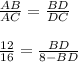 \frac{AB}{AC} = \frac{BD}{DC} \\ \\ \frac{12}{16} = \frac{BD}{8-BD}