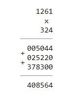 Объясни приём умножения. 1261×324 получаю первое неполное произведения 5044. результат начинаю запис