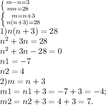 \left \{ {{m-n=3} \atop {mn=28}} \right. \\ \left \{ {{m=n+3} \atop {n(n+3)=28}} \right. \\ 1) n(n+3)=28 \\ n^{2}+3n = 28 \\ n^{2} + 3n - 28 = 0 \\ n1 = -7 \\ n2 = 4 \\ 2) m=n+3 \\ m1 = n1+3=-7+3=-4; \\ m2 = n2+3=4+3=7.