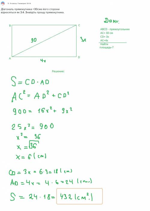 Діагональ прямокутника =30сма його сторони відносяться як 3: 4. знайдіть прощу прямокутника.