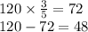 120 \times \frac{3}{5} = 72 \\ 120 - 72 = 48