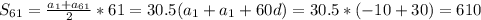 S_{61}=\frac{a_1+a_{61}}{2}*61 = 30.5(a_1+a_1+60d)=30.5*(-10+30)=610