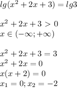 lg(x^2+2x+3)=lg3 \\\\ x^2+2x+3\ \textgreater \ 0 \\ x\in(-\infty;+\infty) \\\\ x^2+2x+3=3 \\ x^2+2x=0 \\ x(x+2)=0 \\ x_1=0; x_2=-2