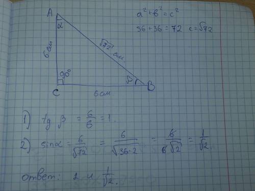 Вреуголнике abc угол с=90° ac==6си bc=6см найдите 1)tgугла b 2)sin угла a