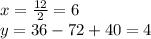 x= \frac{12}{2} =6&#10;\\y= 36-72+40=4