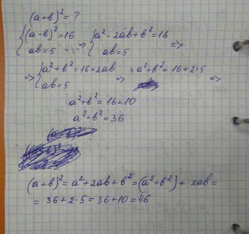 Знайти значення виразу (а+b)^2 ,якщо (а-b)^2 =16, аb=5