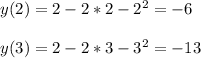 y (2) = 2-2*2-2^2 = -6 \\ \\ y (3) = 2-2*3-3^2 = -13