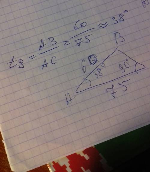 Дано: прямоугольный треугольник abc c=90° ab=60 ac=75 найти: tg угла a=? напишите с решением,