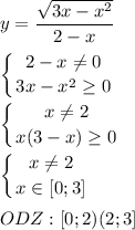 \displaystyle y= \frac{ \sqrt{3x-x^2}}{2-x}\\\\ \left \{ {{2-x \neq 0} \atop {3x-x^2 \geq 0}} \right. \\\\ \left \{ {{x \neq 2} \atop {x(3-x) \geq 0}} \right.\\\\ \left \{ {{x \neq 2} \atop {x\in [0;3]}} \right.\\\\ODZ: [0;2) (2;3]