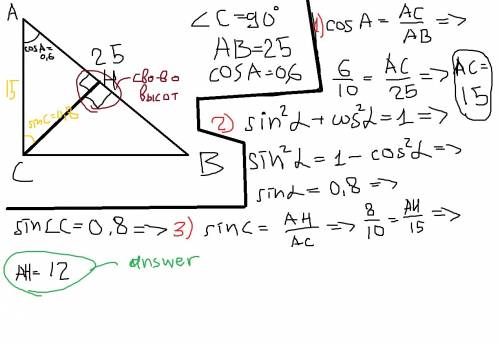 Втреугольнике авс равен 90,сн высота ,cosa=0,6,ав=25.найти ан