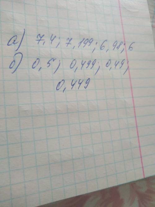 Расположите дроби в порядке убывания: а)7,4; 6,98; 7,199; 6,899 б)0,449; 0,49; 0,5; 0,499: