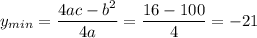 y_{min}= \dfrac{4ac-b^2}{4a}= \dfrac{16-100}{4} =-21