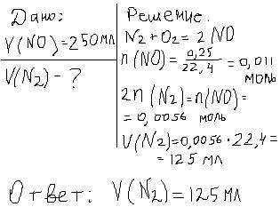 Определите объём азота , необходимого для взаимодействия с кислородом , если получится 250мл no