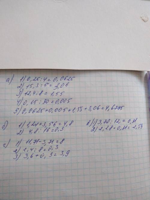 Найдите значение выражения: а)0,25: 4+15,3: 5+12,4: 8+0,15: 30; б) (1,24+3,56): 16; в)2,28+3,72: 12;