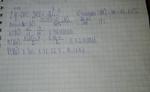 Какой обьем водорода выделится при взаимодействии соляной кислоты с 20 г алюминия,содержащего 35% пр