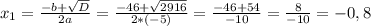 x_{1}=\frac{-b+\sqrt{D}}{2a}=\frac{-46+\sqrt{2916}}{2*(-5)}=\frac{-46+54}{-10}=\frac{8}{-10}=-0,8