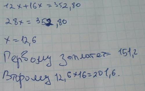 Решить пропорциональностью! двое рабочих за общую работу получили 352, 80 лата. сколько латов причит