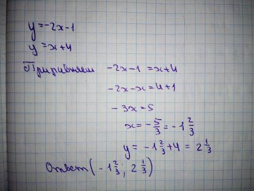 Найти точку пересечения графиков функций y=-2x-1 и y=x+4