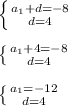 \\\\ \left \{ {{ a_1+d=-8 } \atop { d=4 }} \right. \\\\ \left \{ {{ a_1+4=-8 } \atop { d=4 }} \right. \\\\ \left \{ {{ a_1=-12 } \atop { d=4 }} \right.