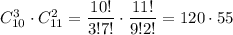 C^3_{10}\cdot C^2_{11}= \dfrac{10!}{3!7!} \cdot \dfrac{11!}{9!2!}= 120\cdot55