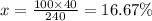 x = \frac{100 \times 40}{240} = 16.67\%