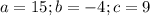 a = 15; b = - 4; c=9