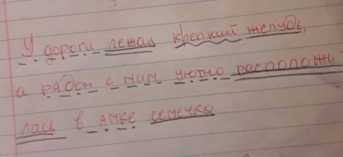 Сделать синтаксический разбор предложения: у дороги лежал крепкий желудь, а рядом с ним уютно распол