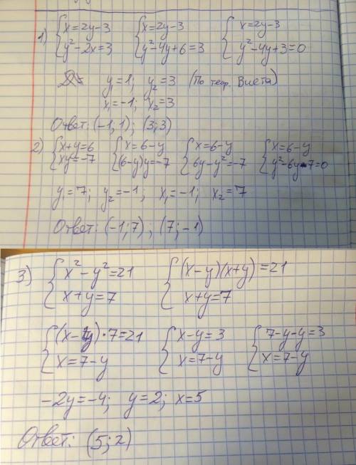 1){x=2y-3 {y^2-2x=3 2){x+y=6 {xy=-7 3){x^2-y^2=21 {x+y=7