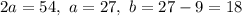 2a=54, ~a=27, ~b=27-9=18